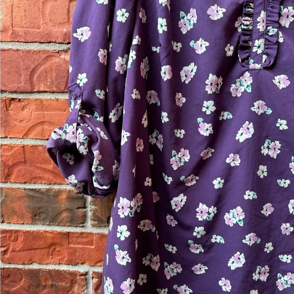 Lane Bryant 16 Purple Floral Sleeve Vneck Ruffle Long Roll Tab Career Blouse - Picture 4 of 10